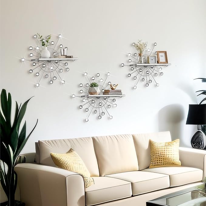 3 Pcs Bling Crystal Floating Shelves Metal Starbursts Wall Decor Folding Shelf Silver Corner Shelves Hanging Wall Mounted for Storage Bedroom Bathroom Living Room Kitchen Office Home Decoration