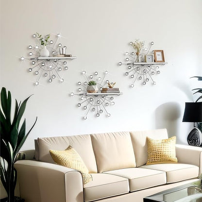 3 Pcs Bling Crystal Floating Shelves Metal Starbursts Wall Decor Folding Shelf Silver Corner Shelves Hanging Wall Mounted for Storage Bedroom Bathroom Living Room Kitchen Office Home Decoration