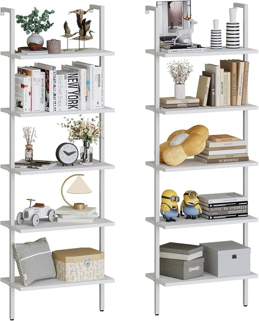 aboxoo Ladder Shelf 2 PCS White Bookshelf 5-Tier Wooden Open Shelf Wall-Mounted Wood Rack Industrial Modern Plant Flower Stand Utility Organizer Bookcase Metal Frame Furniture Office Kitchen Bedroom