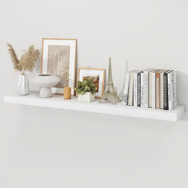 Floating Shelves for Wall, 9.3" Deep Wall Mounted Wood Shelves for Bathroom, Bedroom (White, 48)