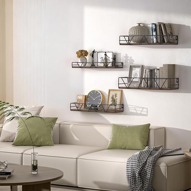 Floating Shelves Set of 4, Home Wood Wall Shelf, Farmhouse Shelf for Bedroom, Wall Mounted Floating Shelf for Living Room, Bedroom, Bathroom, Kitchen, Office (Brown)