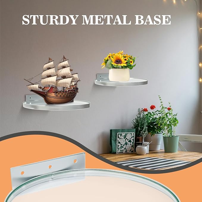 ZEXUIRU 3 Set Glass Decorative Floating Shelves Metal Frame Display Shelf Wall Decor for Home Office Mixed Size