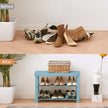 Apicizon Bamboo Shoe Rack for Entryway, 3-Tier Shoe Rack Bench for Front Indoor Entrance, Small Shoe Organizer with Storage, Blue