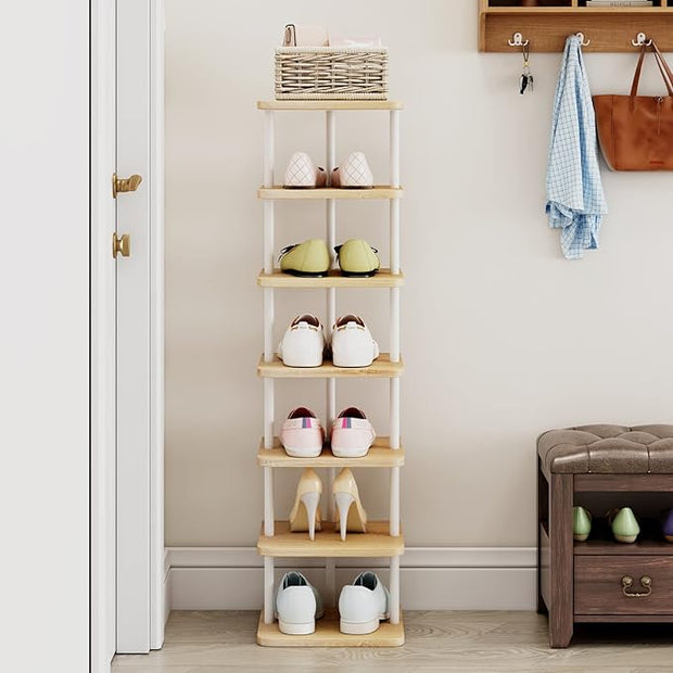 AZERPIAN Shoe Rack 7 Tier Vertical Storage Organizer Narrow Metal Slim Shelf Modern Free Standing Shoe Tower Saving Space for Closet Entryway Bedroom,White