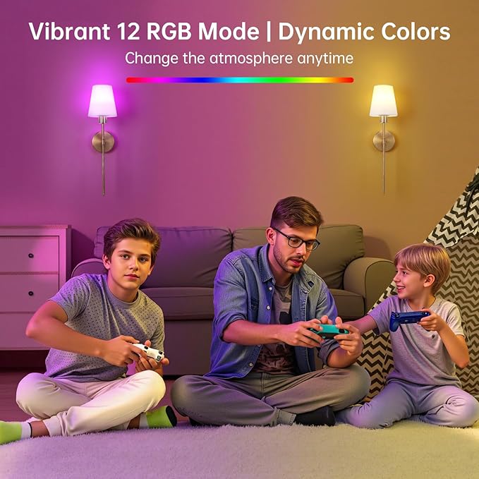 Fabric Wall Sconce Battery Operated Set of 2, Rechargeable Wall Lights with 5000mAh RGB Dimmable Bulb, 12 Colors Wall Sconces for Bedroom Living Room, Gold