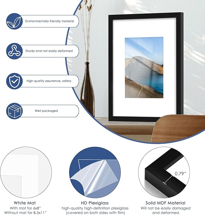 PEALSN 6x9 Picture Frames Set of 6, Display Pictures 4x6 with Mat or 6x9 without Mat for Wall Mounting or Table Top, Photo Frames Collage for Wall Decor, Black.