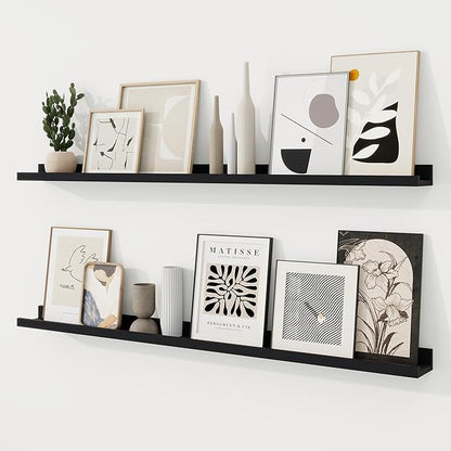RICHFOCUS Picture Ledge Shelf, 48 inch Floating Shelves Set of 2, Wood Wall Shelves with Lip, Wall Decor Storage for Bedroom Living Room Bathroom Kitchen Nursery Photo Picture, Black