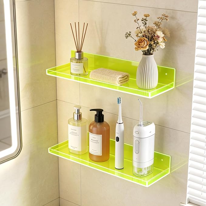 Floating Shelves for Wall Acrylic Wall Shelves for Bedroom Bathroom Living Room Kitchen 16.5X5.5'', Pack of 2, Neon Green