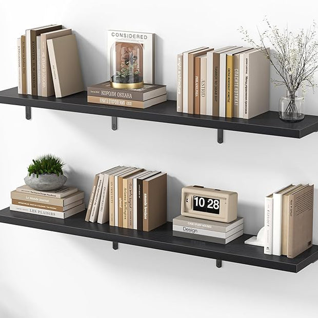 Marsmiles Extra Wide Floating Shelves for Wall, 48x8 Inch Natural Wood Grain Bookshelves, Heavy Duty Mounted Shelving for Bathroom, Kitchen, Living Room, Bedroom,Set of 2，Black