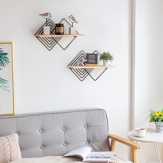 Floating Shelves Modern Geometric - Bedroom Wall Shelf Black Hanging Shelf Wooden Shelves Decorative Wall Mounted Metal Decor Plant Display Set of 2