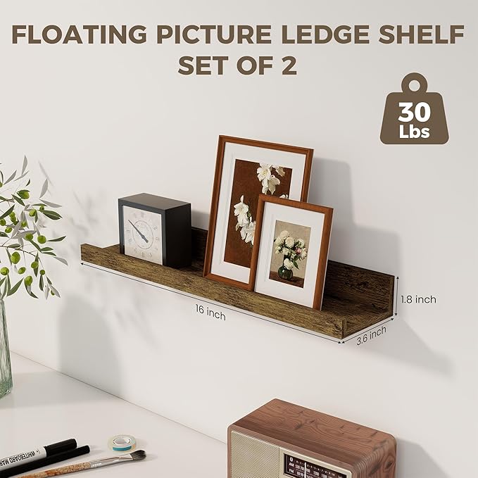 Axeman Floating Shelves | Picture Ledge Shelf Set of 2 | Rustic Brown Wall Shelves with Lip | Brown Picture Shelf for Wall with Ledge | Photo Ledges 16 Inch
