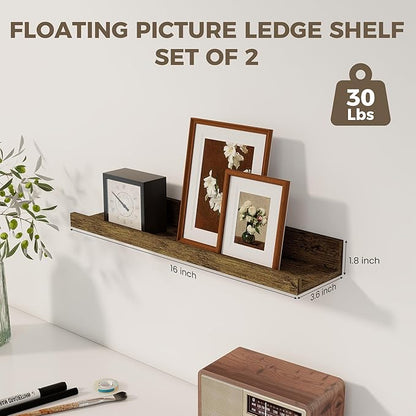 Axeman Floating Shelves | Picture Ledge Shelf Set of 2 | Rustic Brown Wall Shelves with Lip | Brown Picture Shelf for Wall with Ledge | Photo Ledges 16 Inch