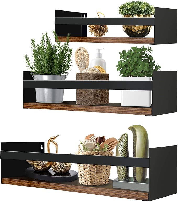 Giftgarden Black Floating Shelves for Wall Set of 3, Industrial Thick Wall Shelf Rack with Iron Rail Bracket for Storage Bathroom Kitchen Bedroom Plant Nursery Books Laundry