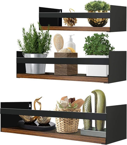 Giftgarden Black Floating Shelves for Wall Set of 3, Industrial Thick Wall Shelf Rack with Iron Rail Bracket for Storage Bathroom Kitchen Bedroom Plant Nursery Books Laundry