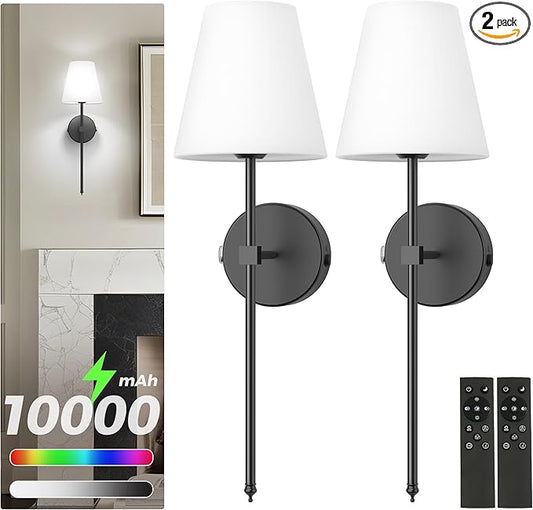 DORESshop Battery Operated Wall Sconce Set of Two, 10000mah Black Rechargeable Wall Sconce with Remote Control, 9 Colors Indoor Wireless Wall Lights for Bedroom Living Room Hallway, Dimmable