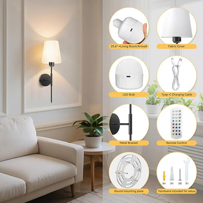20 inch Battery Operated Wall Sconces Set of 2, Wireless Wall Lights with Rechargeable Bulbs & Remote, 15 Colors & Dimmable, Battery Powered Wall Lights for Bedroom, Living Room, Hallway, Black