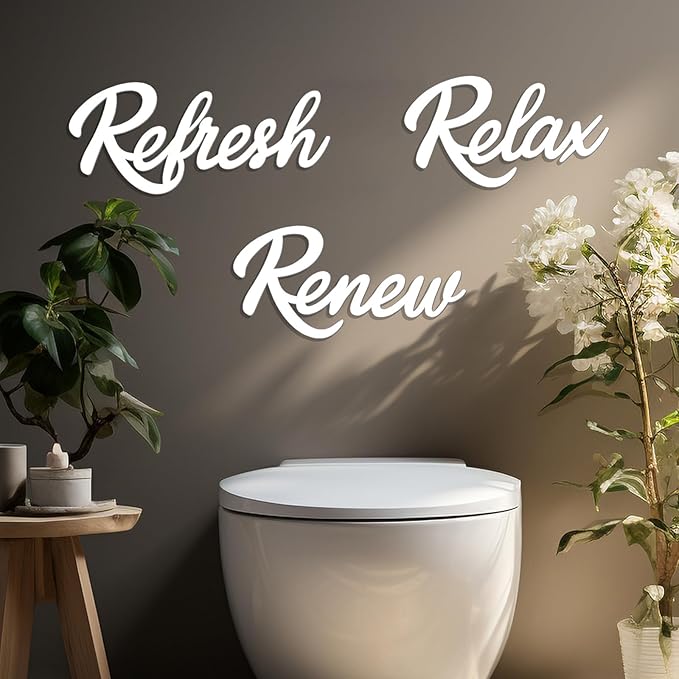 3 Pieces Bathroom Decor White Wooden Bath Room Sign Bathroom Wall Art Farmhouse Relax Renew Refresh Sign (White-large)