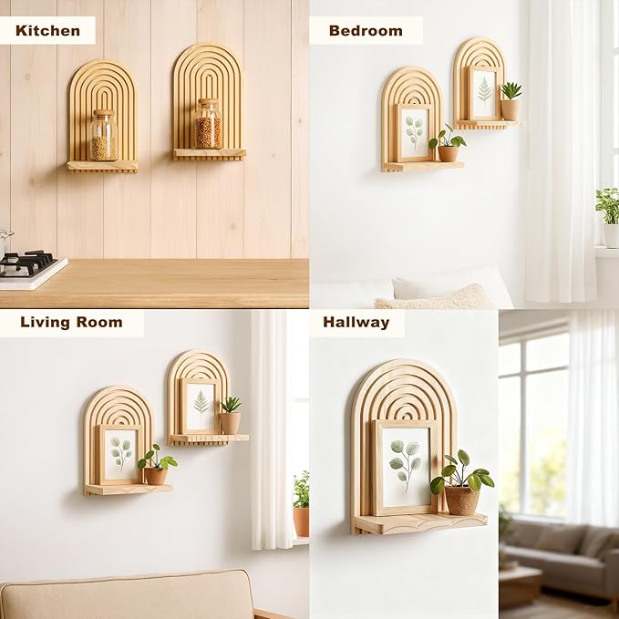 2 Pack Boho Wood Wall Hanging Shelf - Handmade Rainbow Arch Floating Shelves Trinket Storage Rack Modern Wall Decor for Bedroom Living Room Nursery Bathroom