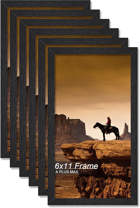 A PLUS MAX 6x11 Picture Frame Set of 6, Black Engineered Wood Frame for 6 x 11 Inch Picture Poster Photo, Light Weight 6 by 11 Frame with Wood-grain for Wall - 6 Pack/Black/6"x11"