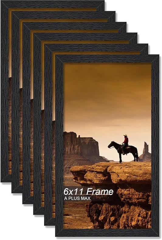 A PLUS MAX 6x11 Picture Frame Set of 6, Black Engineered Wood Frame for 6 x 11 Inch Picture Poster Photo, Light Weight 6 by 11 Frame with Wood-grain for Wall - 6 Pack/Black/6"x11"