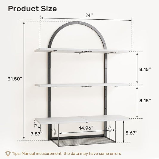 Floating Shelf for Wall- 31.5"x 24" 3+1 Tier White Bathroom Floating Shelves with Basket for Bathroom, Living Room,Bedroom and Kitchen