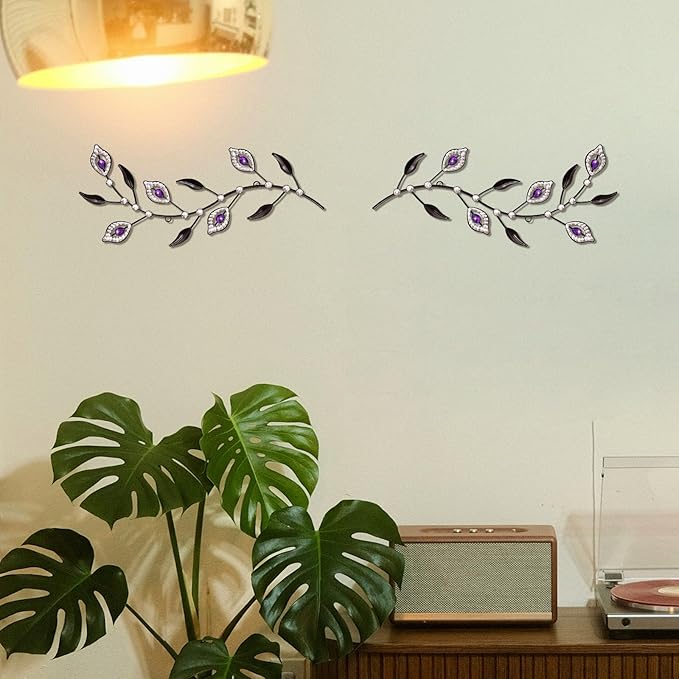sxnzequnze 2 Pcs Metal Leaf Wall Art Crystal Bling Decorations Silver Leaves 3D Iron Handmade Home Decor Hanging Minimalist Accents Modern Set for Living Room Bathroom Bedroom Dining Room Hallway