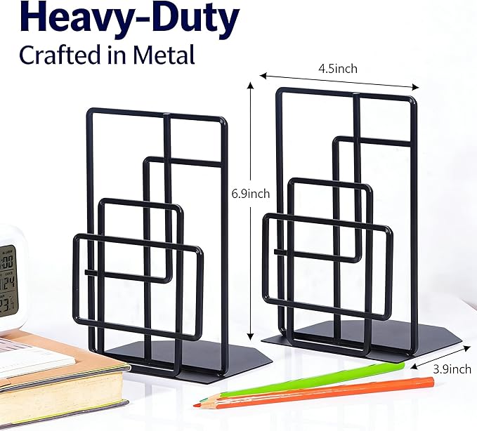 SRIWATANA Book Ends Heavy Duty, Decorative Black Bookends for Shelves, Window Lattice Design