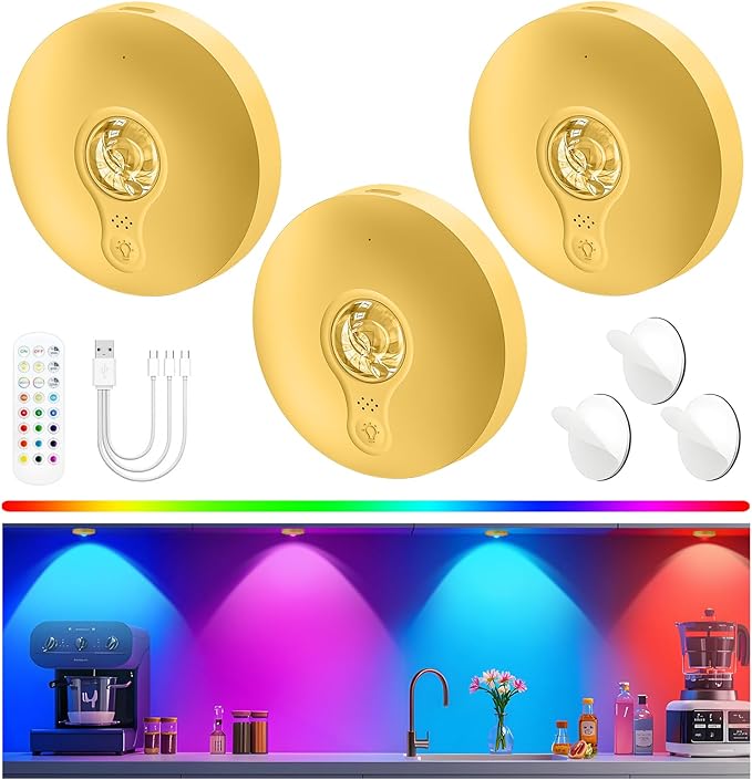 Rechargeable Puck Lights with Remote, 3 Pack Magnetic Under Cabinet Lighting, 1500mAh Battery Operated LED Tap Lights with Dimmer & Timmer for Kitchen, Closet, Shelf - 3 Color Temps & 12 RGB, Gold
