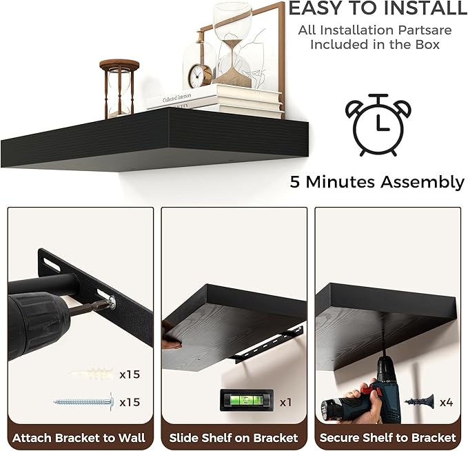 Floating Shelves for Wall, 72 Inch Wide x 12 Inch Deep Floating Shelves, Long Wood Floating Wall Shelf Shelves for Living Room Bathroom Bedroom Kitchen Home - (Black, 72" W x 12" D x 2" H)