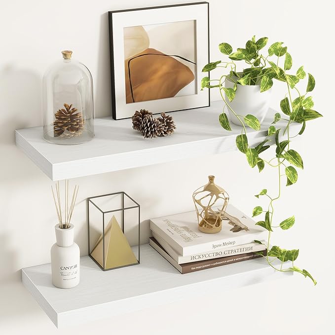 Fun Memories Floating Shelves - 2 Pack 9.3 Inch Deep Rustic Wooden Wall Shelves - Wall Mounted Storage Shelf with Invisible Brackets, 24
