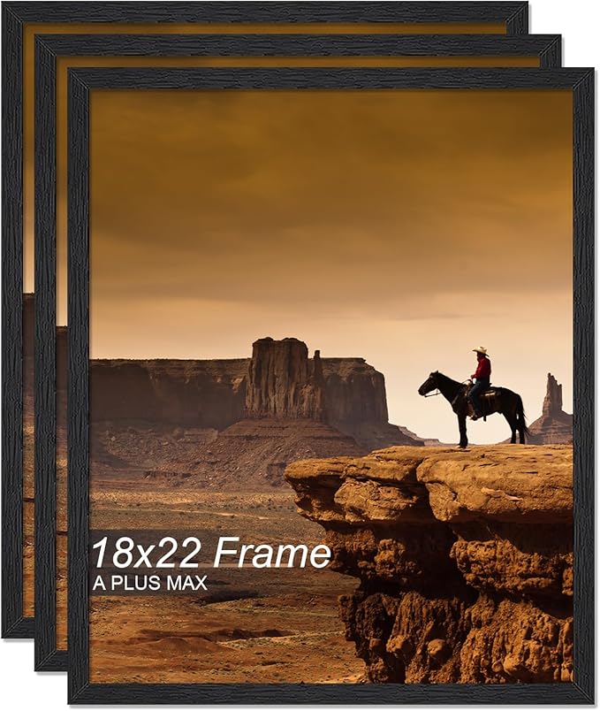 A PLUS MAX 18x22 Picture Frame Set of 3, Black Engineered Wood Frame for 18 x 22 Inch Picture Poster Photo, Light Weight 18 by 22 Frame with Wood-grain for Wall - 3 Pack/Black/18 x22