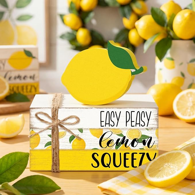 Geelin 4 Pcs Lemon Book Stack Decor, Wooden Faux Books for Home Table Centerpiece, Lemon-themed Kitchen Tiered Tray Decorations, Rustic Farmhouse Summer Lemon Decor for Living Room & Dining Table