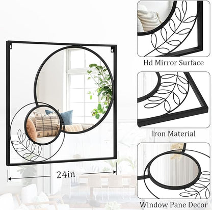 Black Square Mirror, Round Wall Mounted Mirror Set Circle Modern Decorative Mirrors for Living Room Bedroom Entryway 24x24 Inch Decor