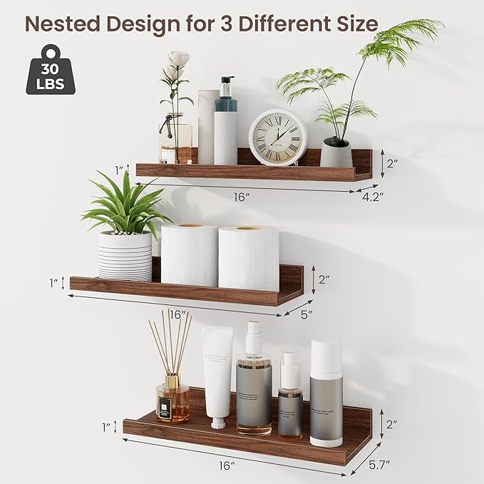 Axeman Picture Ledge Shelf | 16 Inch Walnut Floating Shelves Set of 3 | Rustic Wood Wall Shelves with Lip | 16