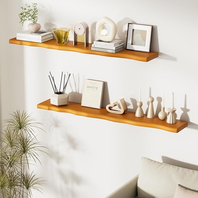 Floating Shelves for Wall Rustic Farmhouse 48 Inch Floating Shelf Bathroom Wooden Shelves for Wall Mounted Live Edge Pine Shelf with Unique Natural Grain for Living Room Bedroom Kitchen (Honey Walnut)