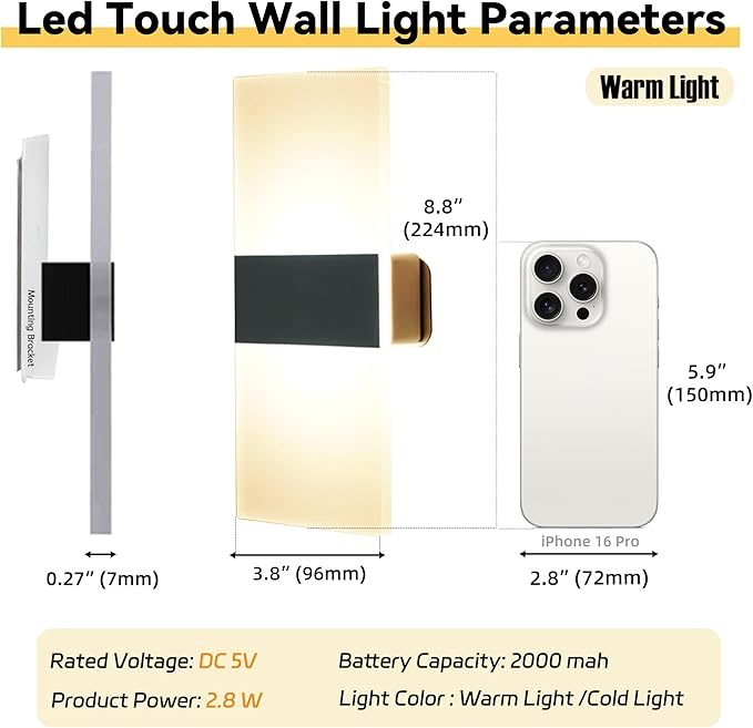 Battery Wall Sconces, Acrylic Bedside LED Wall Lamps Set of Two for Living Room Bedroom Hallway,USB Rechargeable Battery Operated Cordless Night Light,Touch Control,Warm Light Dimmable
