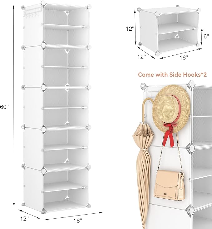 10 Tier Shoe Storage Cabinet with Door, Portable Narrow Organizer Rack for 20 Pairs, White Plastic with Hooks for Entryway or Bedroom