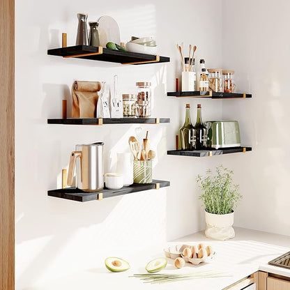 Fixwal Floating Black Gold Shelves Set of 5, Width 4.7 Inches, Rustic Wood Wall Storage Shelves for Bedroom, Living Room, Kitchen, Bathroom, Home Decor, Laundry Room, Office and Plants