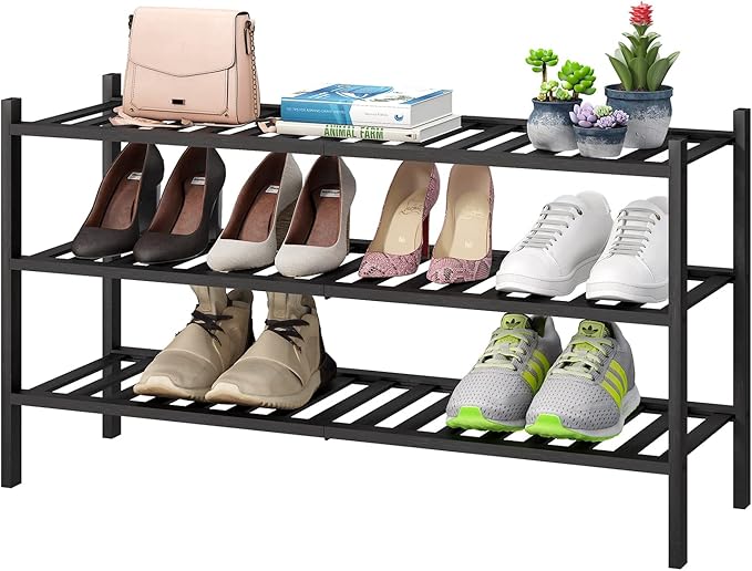 3-Tier Long Black Shoe Rack, Bamboo Wood Shoe Rack for Closet, Entryway & Hallway, Stackable | Functional | Sturdy