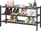 3-Tier Long Black Shoe Rack, Bamboo Wood Shoe Rack for Closet, Entryway & Hallway, Stackable | Functional | Sturdy