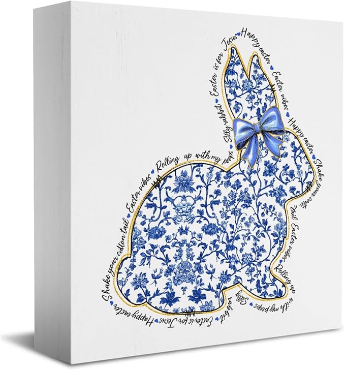 Happy Easter Sign Easter Table Decor Bunny Decor Blue And White Chinoiserie Decor Wooden Box Sign for Home Office Bedroom Living Room Desk Shelves