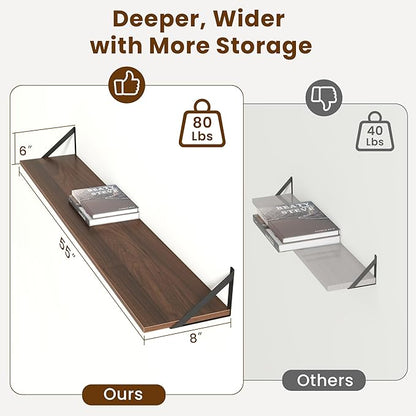 55" Long Wall Mounted Floating Shelves,8 inch Deep Floating Shelf with Metal Brackets Set of 2,Easy-to-Install Wall Decor Storage Ledges for Living Room,Bathroom,Bedroom,Kitchen,Office,Walnut