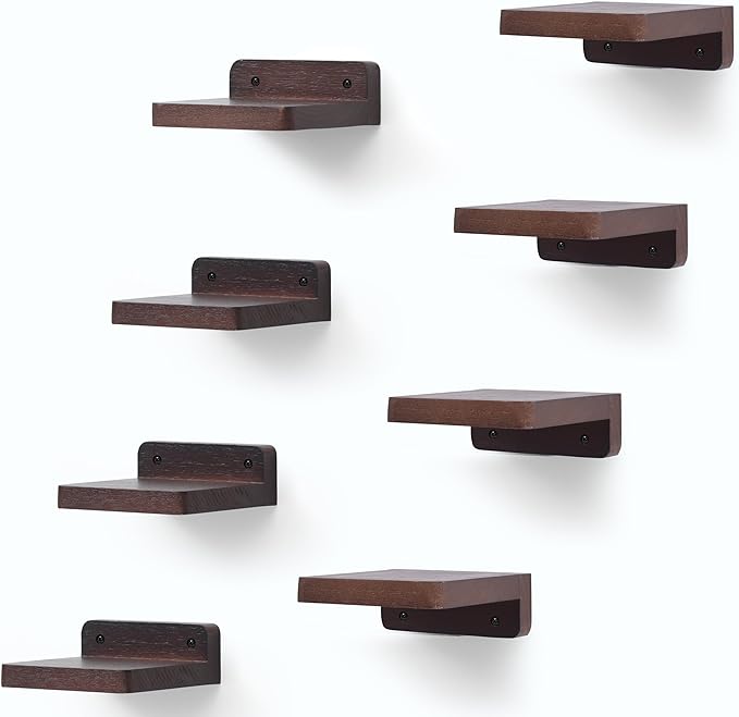 Small Floating Shelf, 4x4 Inch Display Ledges for Wall,Mini Shelves,Rustic Wood Shelf for Bedroom Living Room Bathroom Kitchen (8, Dark Walnut)