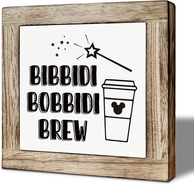 Farmhouse Coffee Bar Sign, Bibbidi Bobbidi Brew Wooden Box Decor, Funny Coffee Wooden Plaque Sign, Rustic Wood Signs for Kitchen Cafe Bars, Freestanding Home Decor 5.9×5.9 inch