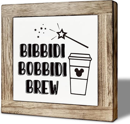 Farmhouse Coffee Bar Sign, Bibbidi Bobbidi Brew Wooden Box Decor, Funny Coffee Wooden Plaque Sign, Rustic Wood Signs for Kitchen Cafe Bars, Freestanding Home Decor 5.9×5.9 inch