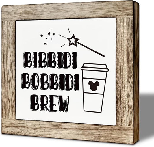 Farmhouse Coffee Bar Sign, Bibbidi Bobbidi Brew Wooden Box Decor, Funny Coffee Wooden Plaque Sign, Rustic Wood Signs for Kitchen Cafe Bars, Freestanding Home Decor 5.9×5.9 inch
