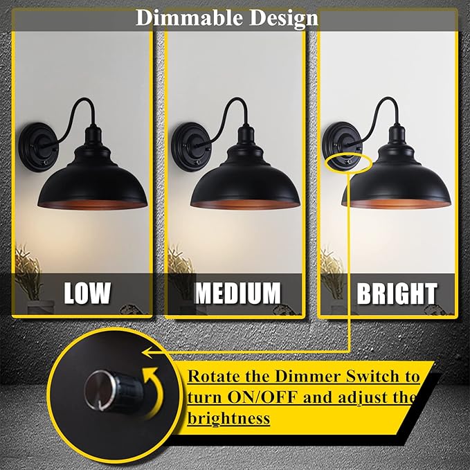 Lightess Black Wall Sconces with Dimmer ON/Off Switch, Dimmable Wall Mount Light Fixture Industrial Farmhouse Lighting for Kitchen Living Room, C91Y112