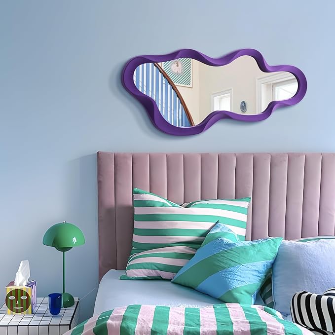 Wavy Wall Mirror for Girly Nursery Bedroom Decoration, 13.8x29.7 Noble Cloud-Shaped Decorative Funky Mirrors for Modern Classical Home Office Living Room Housewarming Birthday Gift (Purple)