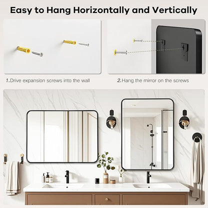 Black Wall Mirror for Bathroom - 28x36 Inch Black Vnaity Wall Mirror Over Sink, Metal Matte Framed Mirrors for Restroom Farmhouse, Hallway Home Office, Hanging Vertically or Horizontally