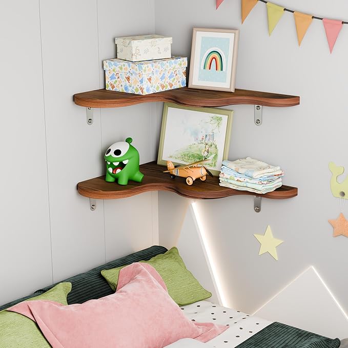 Cute Cloud Shelves, Wavy Floating Corner Shelf, Cloud Corner Wall Shelves with Brackets, Cute Wall Shelves for Nursery Decor, Corner Shelves for Bedroom,Living Room,Bathroom&Home Decor,Brown